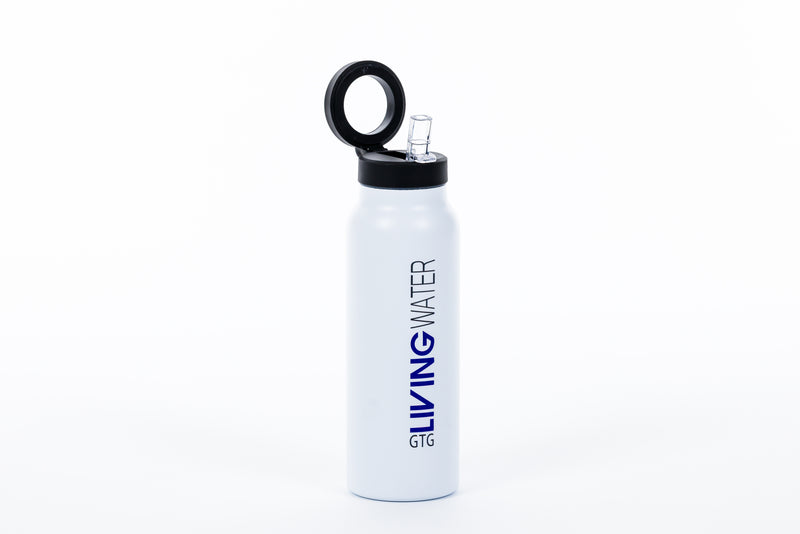 GTG Living Water Sports Bottle — flip-top straw lid with carry ring open