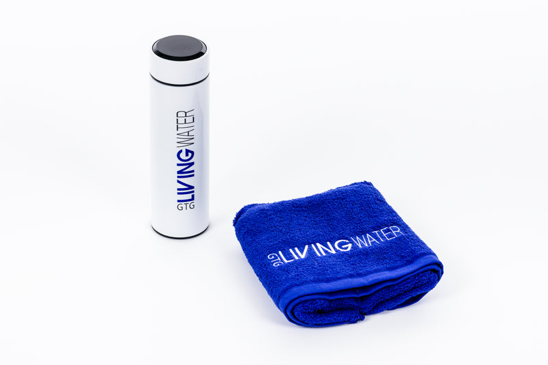 GTG Living Water Gym Bundle — Bottle and Towel together hero shot